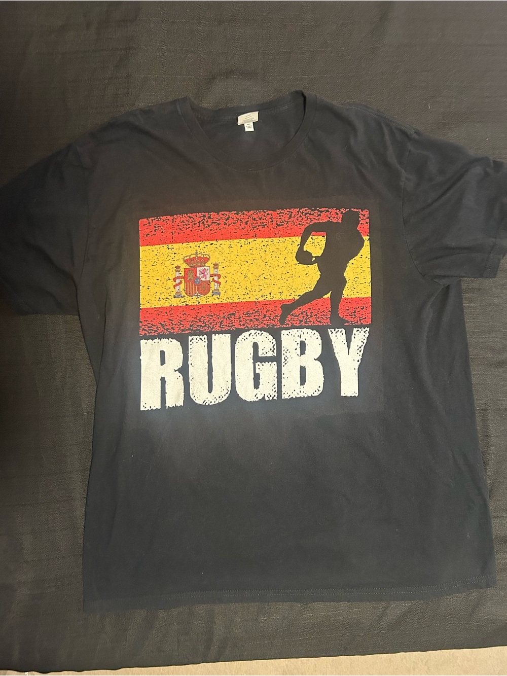 Black Rugby Graphic Tee with Spain Flag